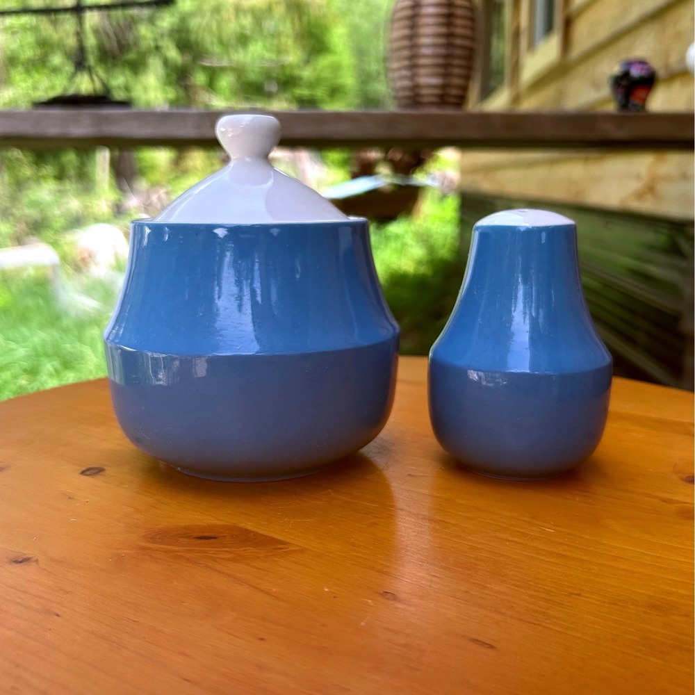 Vintage Esperanto Blue Sugar Bowl and Salt Shaker Set‎ Ceramic Guild Japan MCM